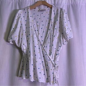 LOFT White Wrap Blouse with Blue and Yellow Dots